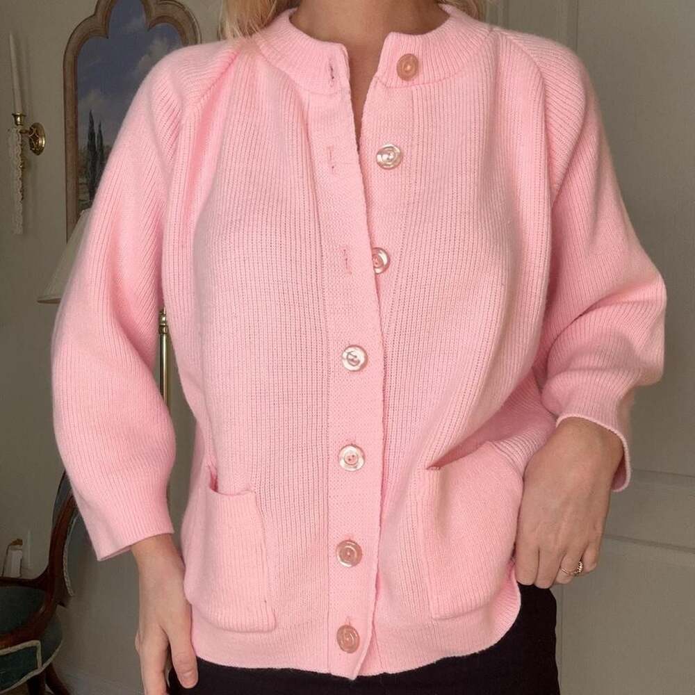 College Point Vintage Pink Chunky Knit Button Front Cardigan Sweater